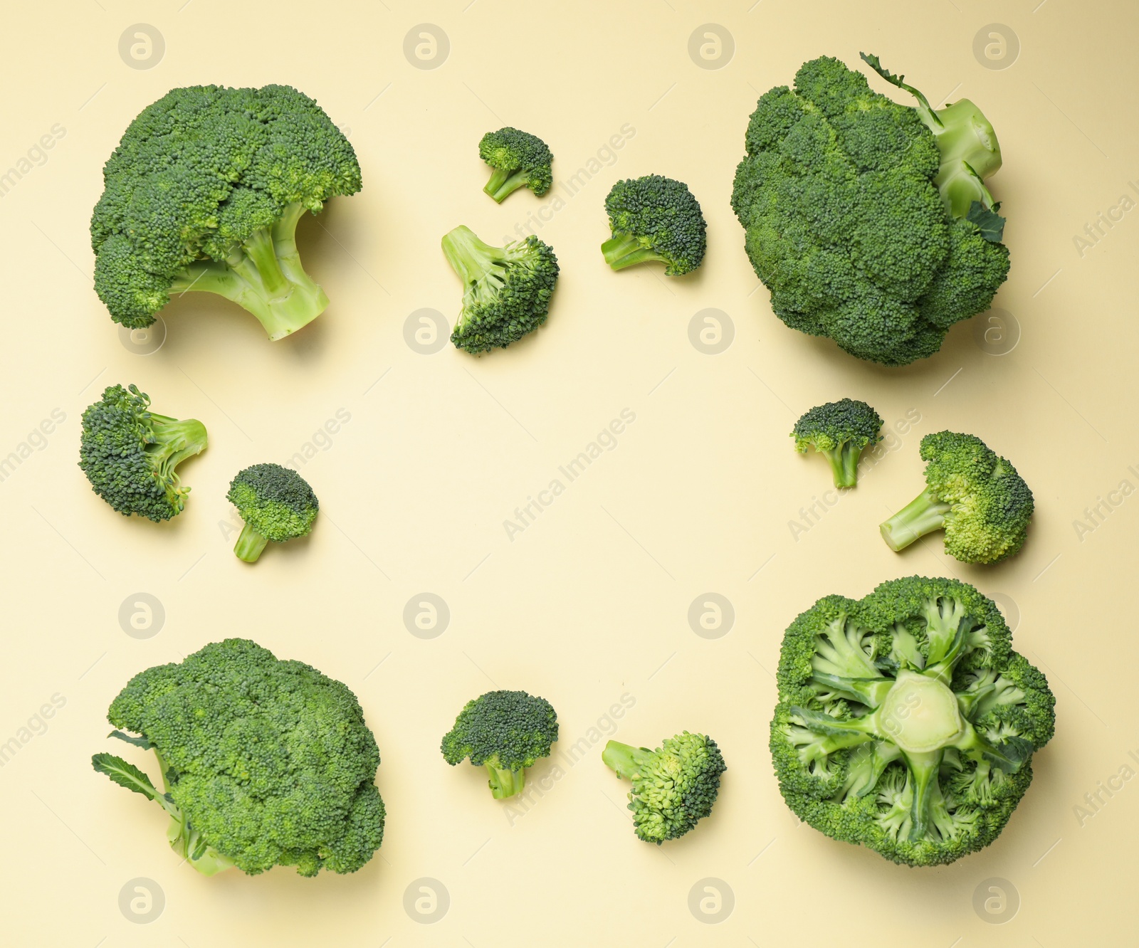 Photo of Fresh broccoli on beige background, flat lay. Space for text