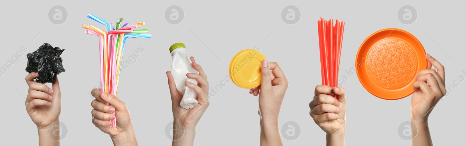 Image of Collage with photos of women holding different plastic things on grey background, closeup. Banner design