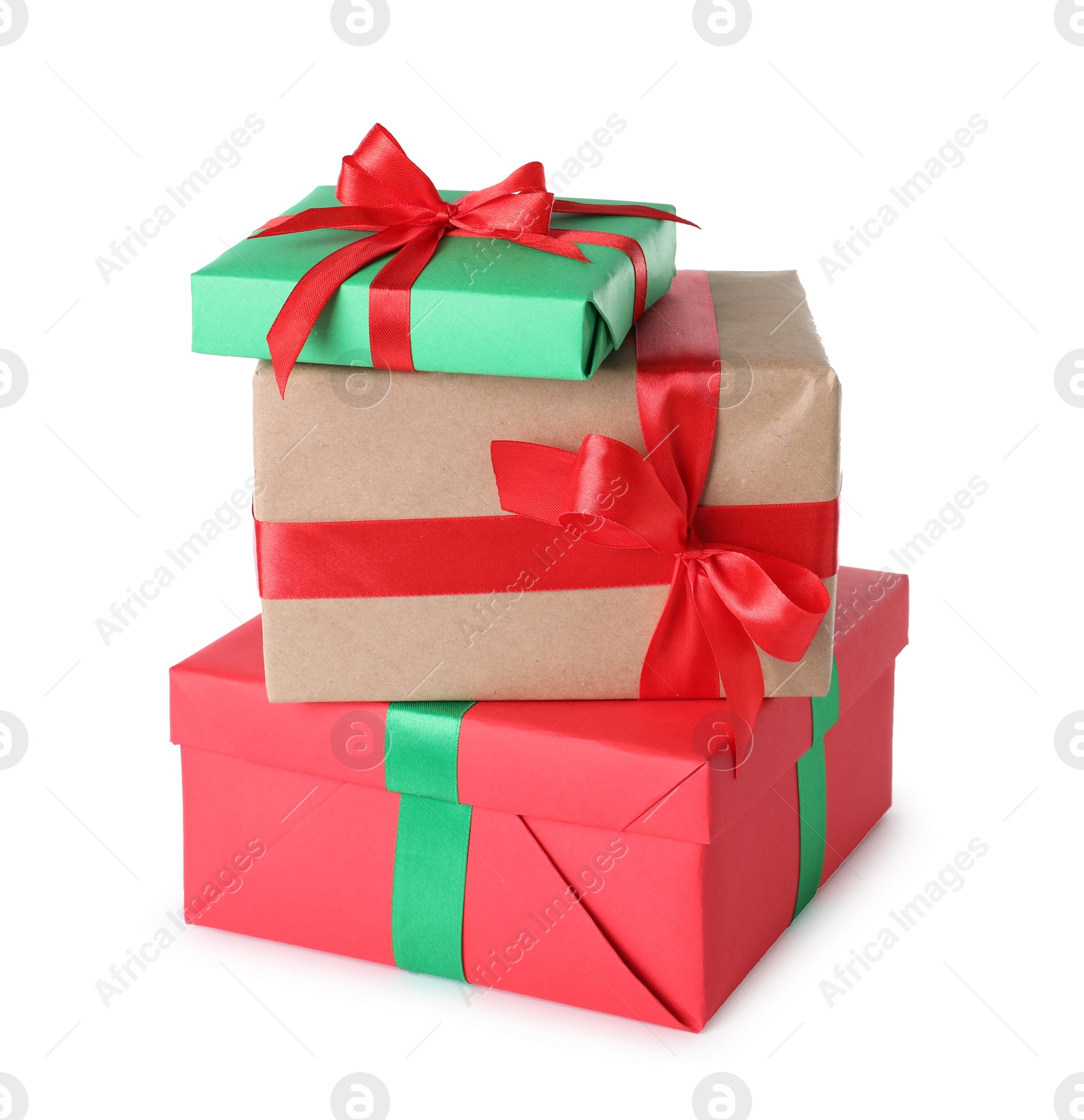 Photo of Stack of Christmas gift boxes on white background