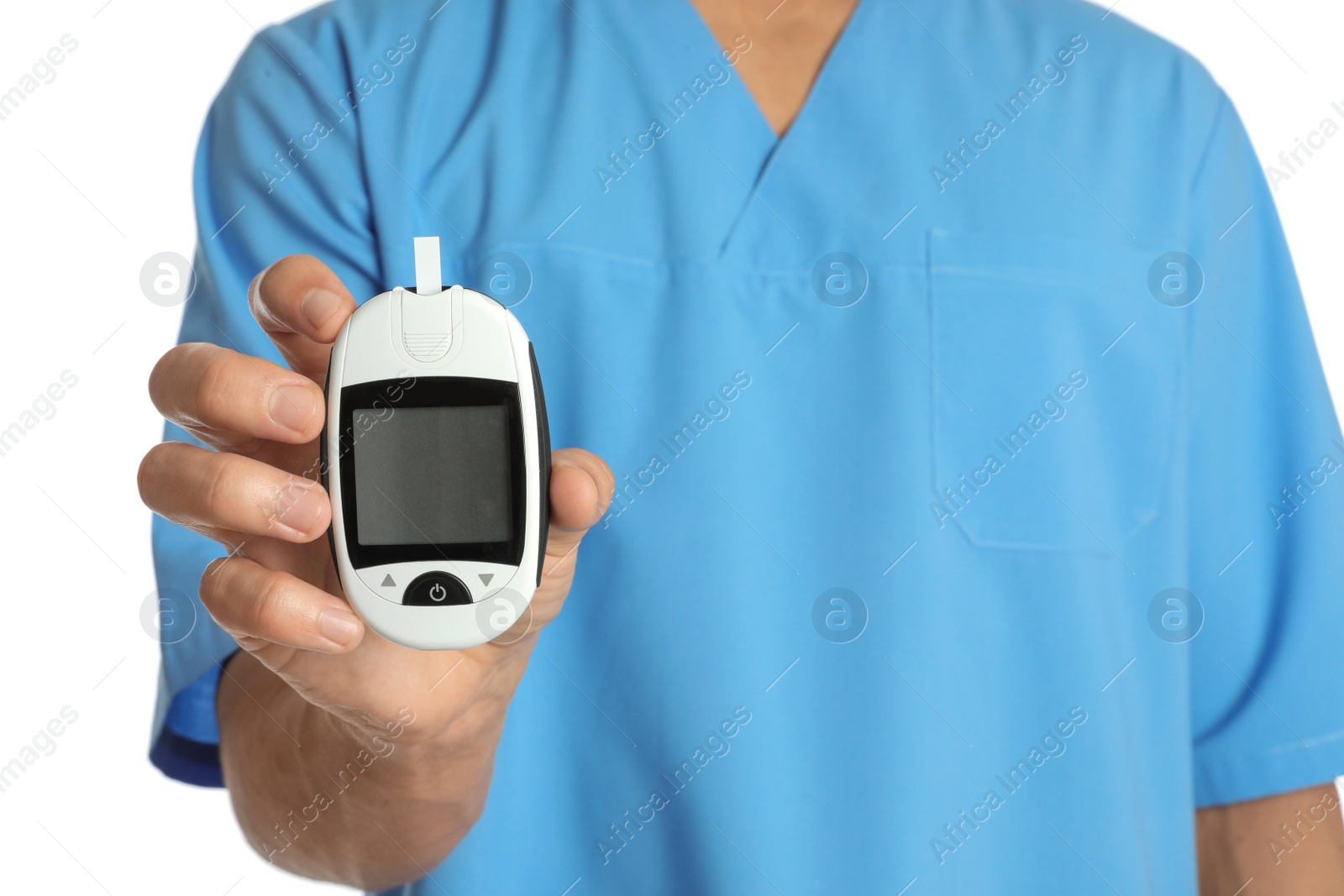 Photo of Male doctor holding glucose meter on white background, closeup. Medical object