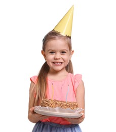 Birthday celebration. Cute little girl in party hat holding tasty cake on white background