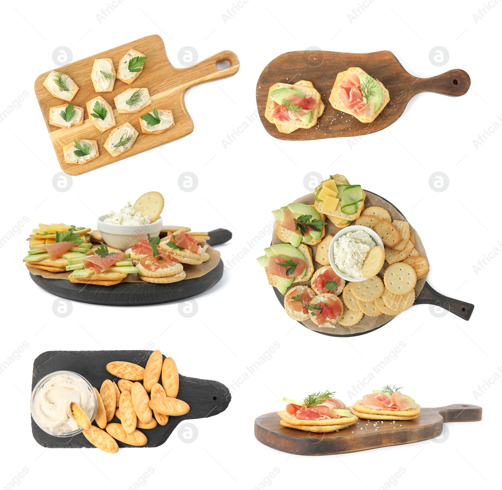 Image of Delicious crackers with different toppings isolated on white, set