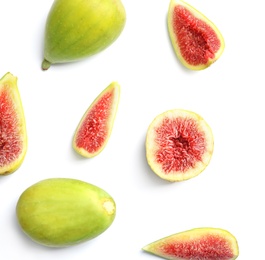 Photo of Fresh ripe figs on white background, top view. Space for text