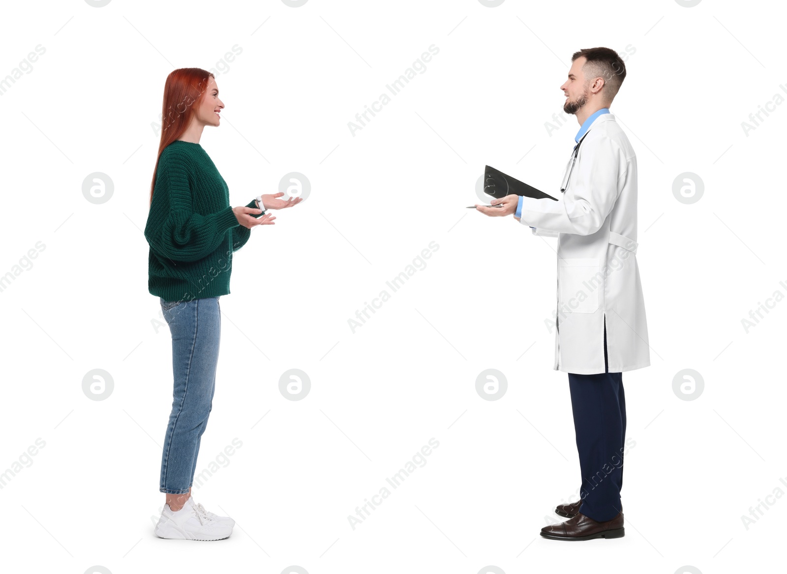 Image of Doctor and woman talking on white background. Dialogue