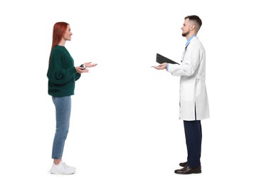 Image of Doctor and woman talking on white background. Dialogue