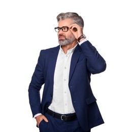 Photo of Portrait of serious man in glasses on white background. Lawyer, businessman, accountant or manager