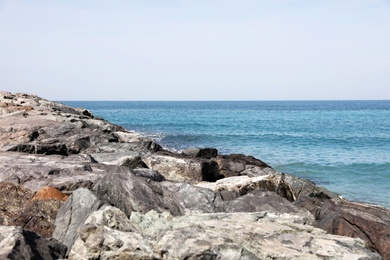 Picturesque view of beautiful rocky beach on sunny day