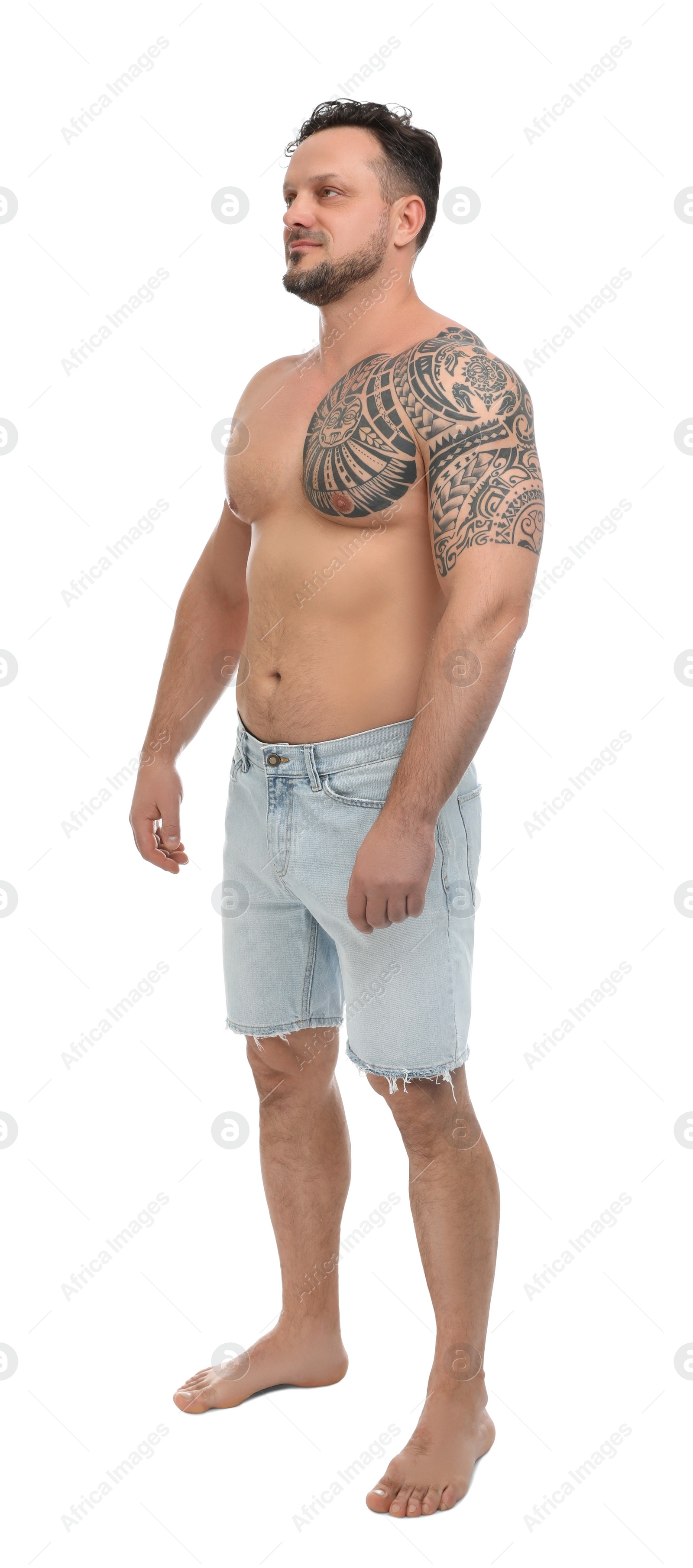 Photo of Full length portrait of shirtless man on white background