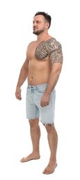 Full length portrait of shirtless man on white background