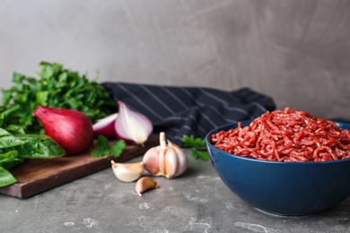 Photo of Fresh raw minced meat and vegetables on grey table