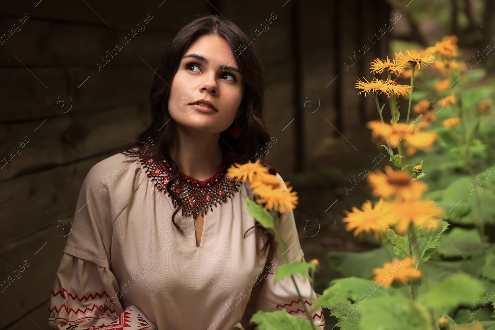Photo of Beautiful woman wearing embroidered dress in blooming garden. Ukrainian national clothes