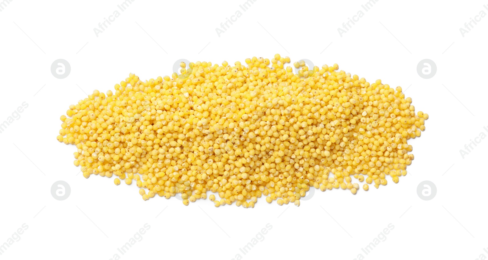 Photo of Pile of dry millet seeds isolated on white, top view