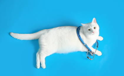 Cute cat with stethoscope as veterinarian on light blue background, above view