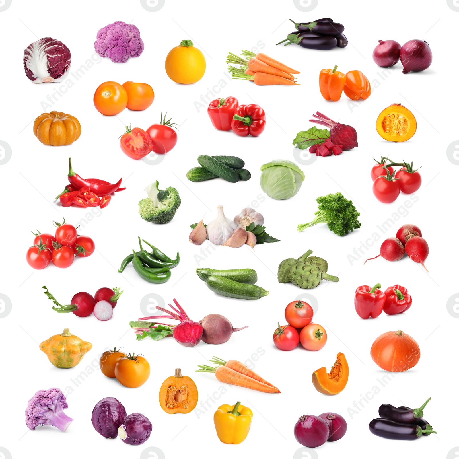 Image of Collage with many fresh vegetables on white background