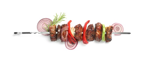 Photo of Delicious shish kebab with vegetables and rosemary isolated on white, top view