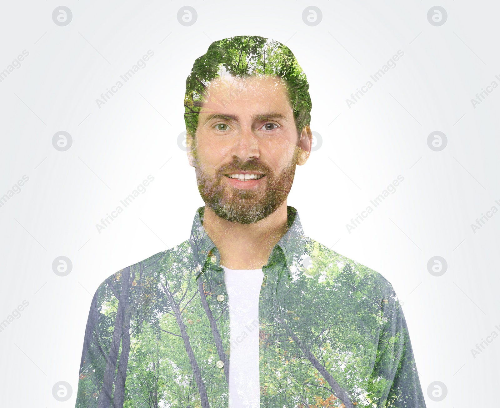 Image of Double exposure of man and trees on white background