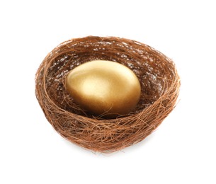 Photo of Shiny golden egg in nest on white background