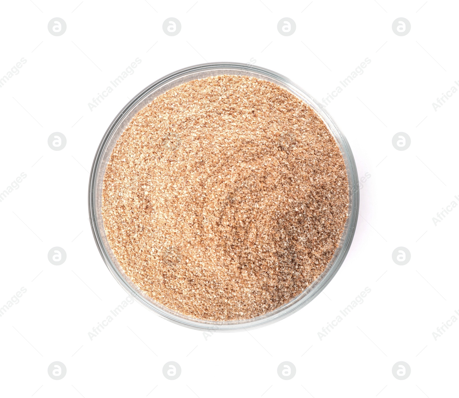 Photo of Bowl of buckwheat flour isolated on white, top view