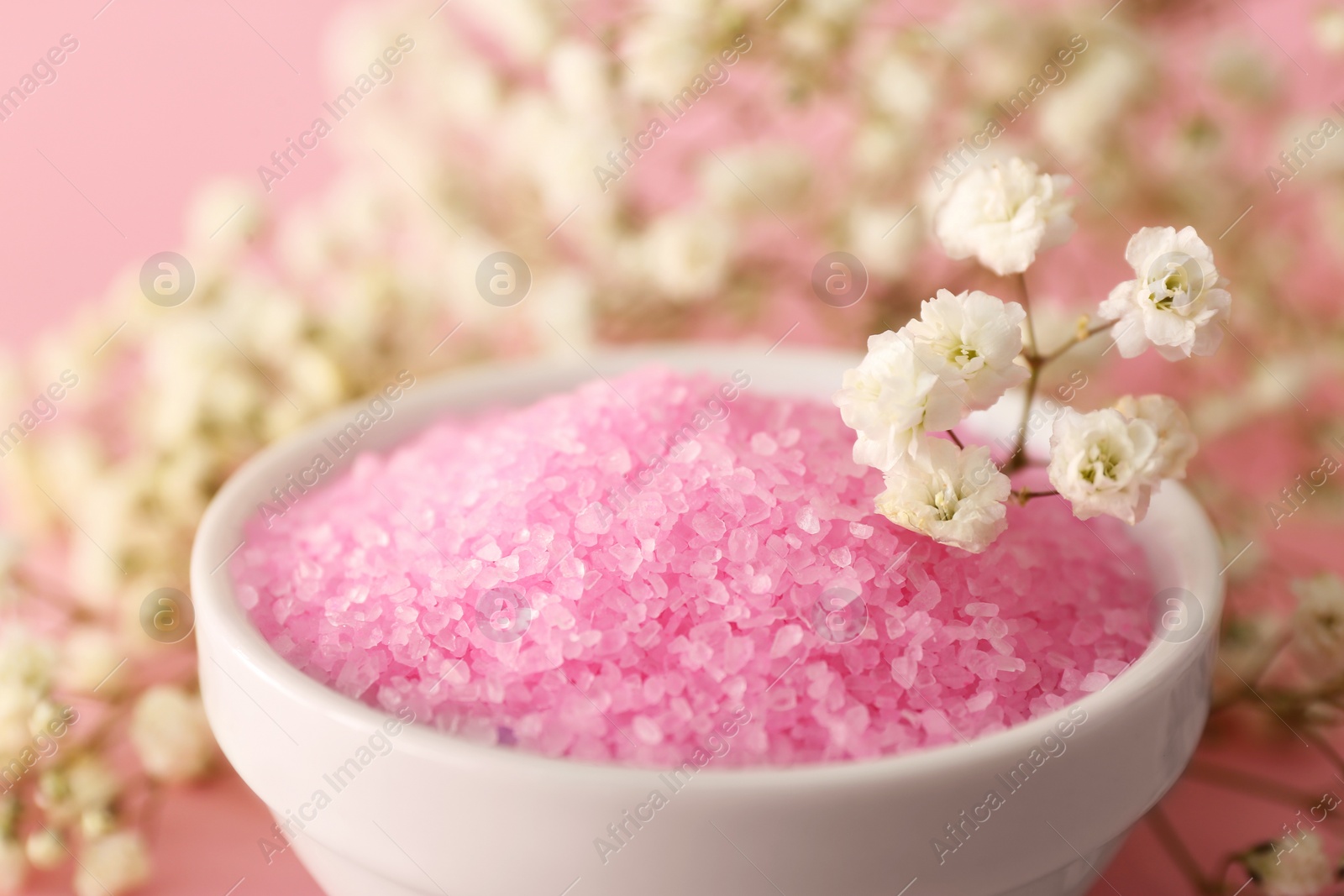 Photo of Aromatic sea salt and beautiful flowers on pink background, closeup