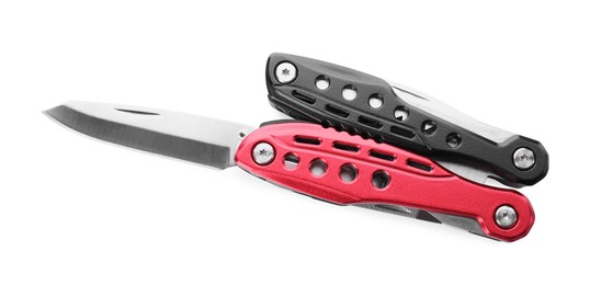 Photo of Compact portable multitool with color handles isolated on white, top view