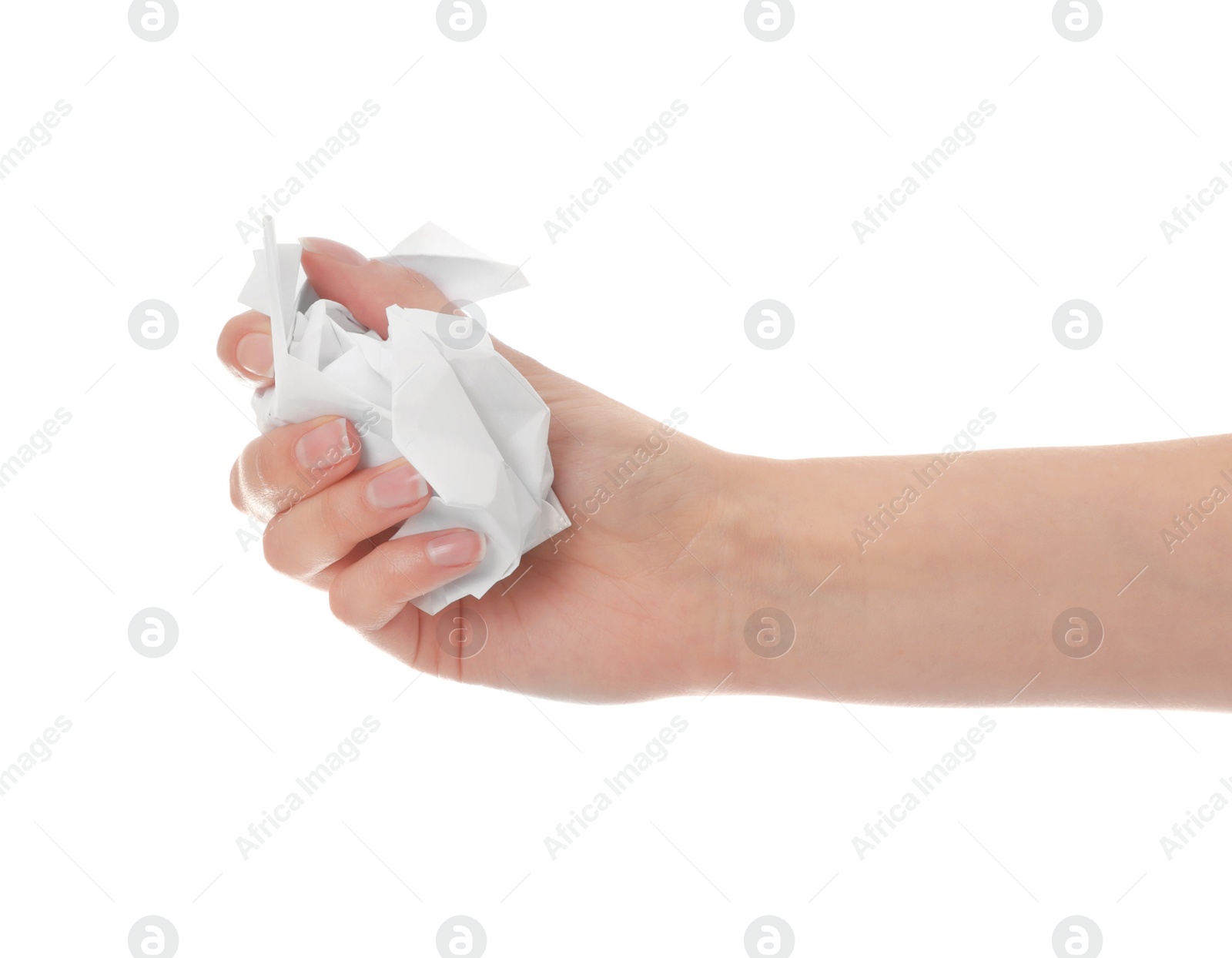 Photo of Woman crumpling paper against white background, closeup. Generating idea