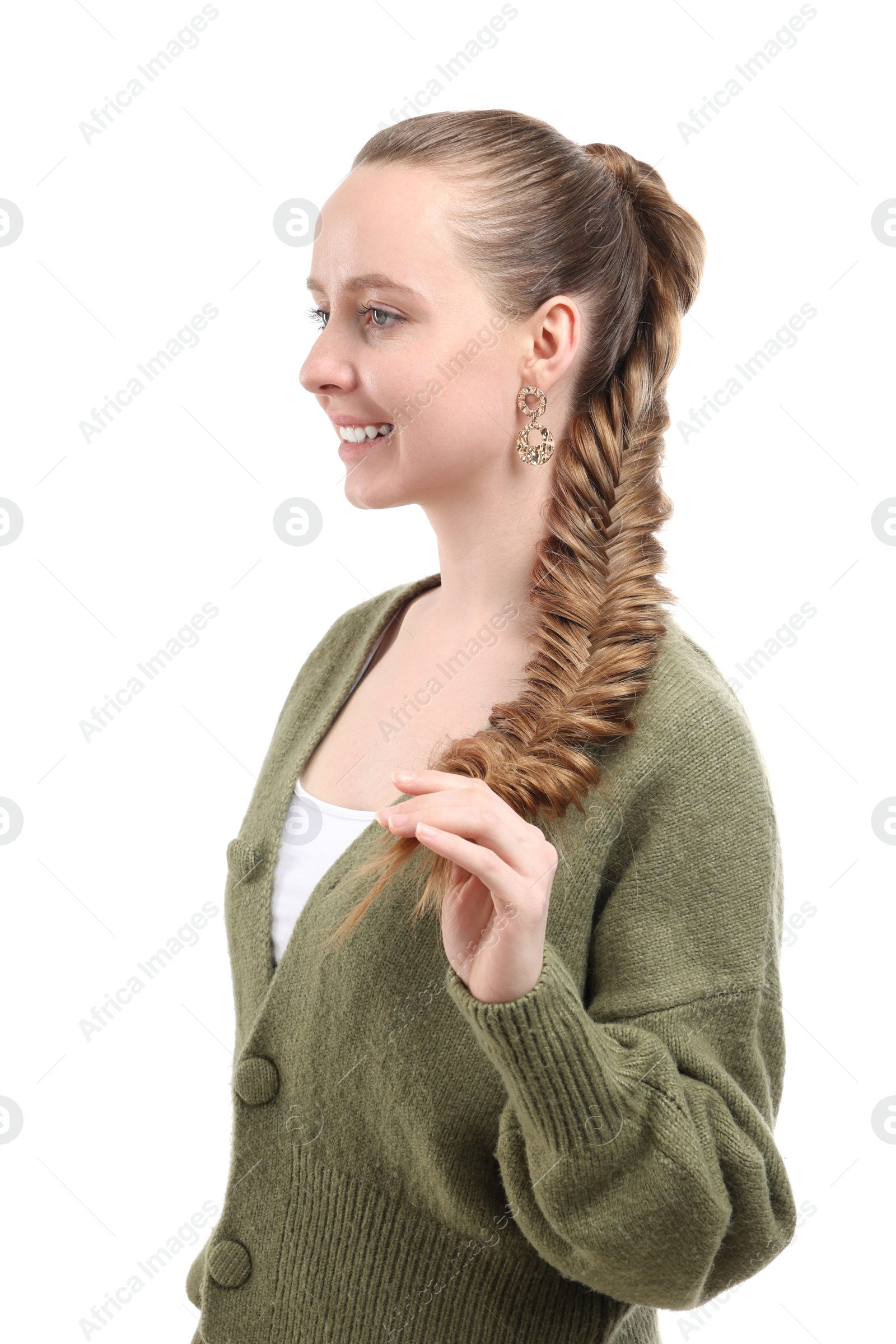 Photo of Woman with braided hair on white background