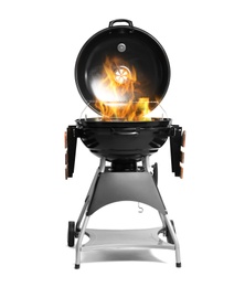 Barbecue grill with fire flames on white background