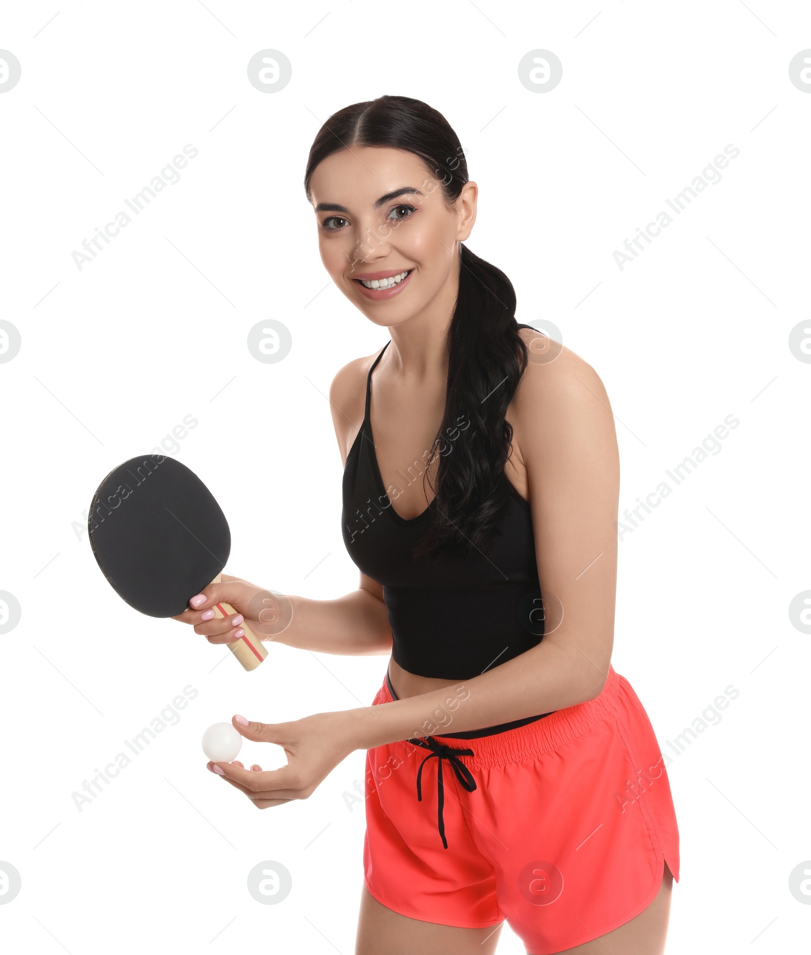 Photo of Beautiful young woman with table tennis racket and ball on white background. Ping pong player