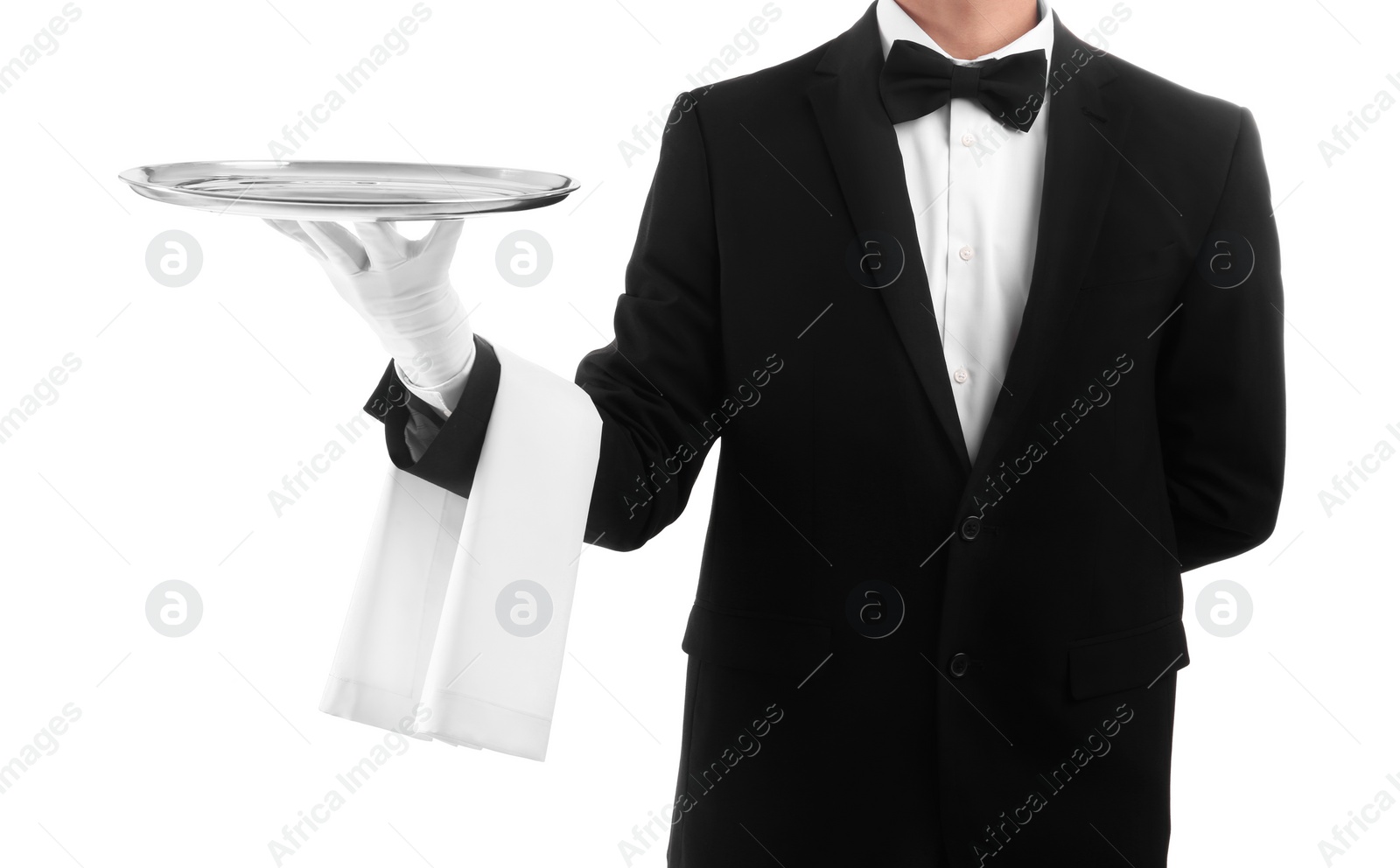 Photo of Waiter holding metal tray on white background