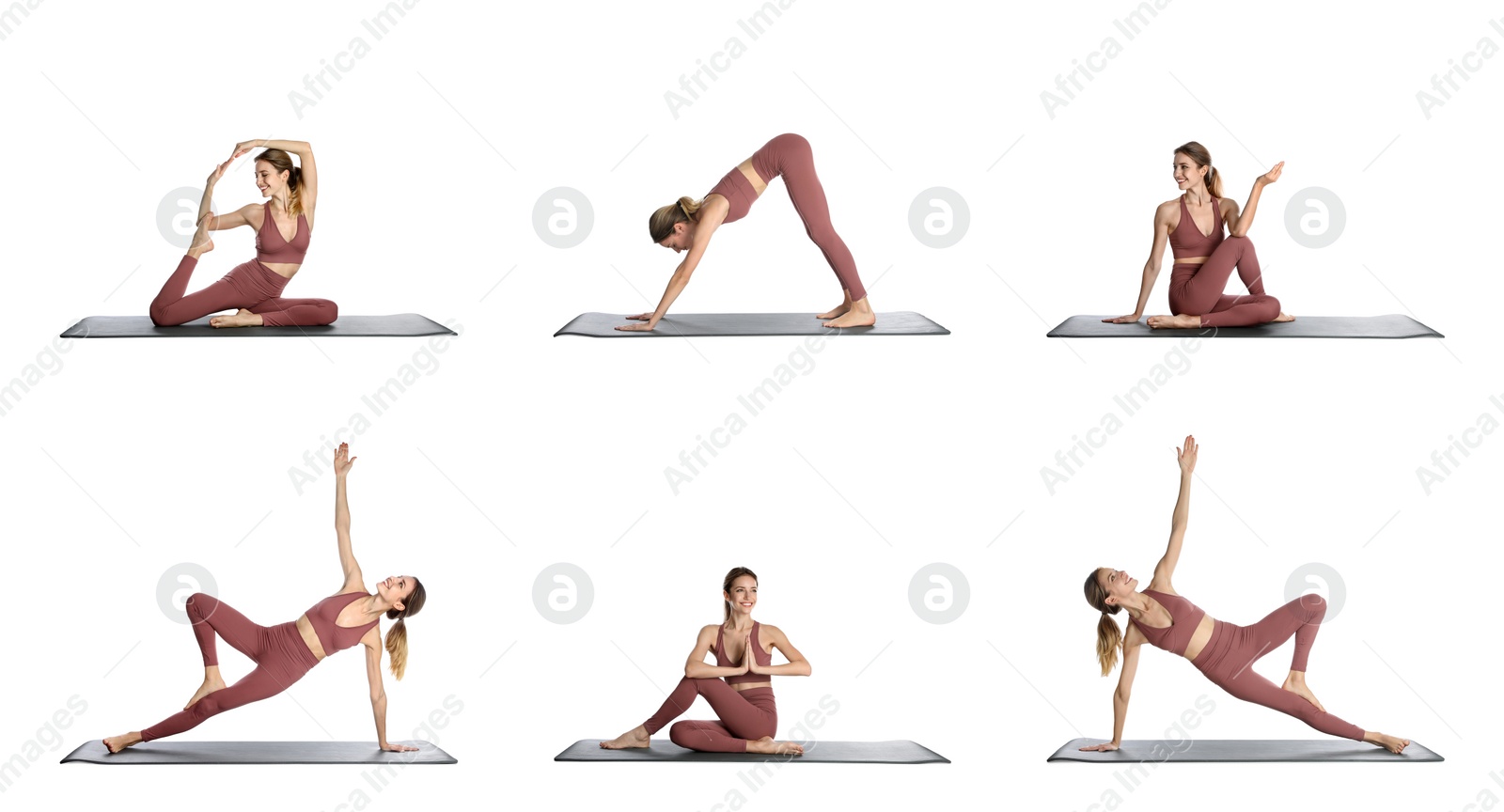 Image of Young woman practicing yoga on white background, collage. Banner design 