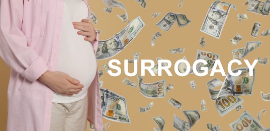 Image of Surrogate mother under money shower on beige background, closeup. Banner design