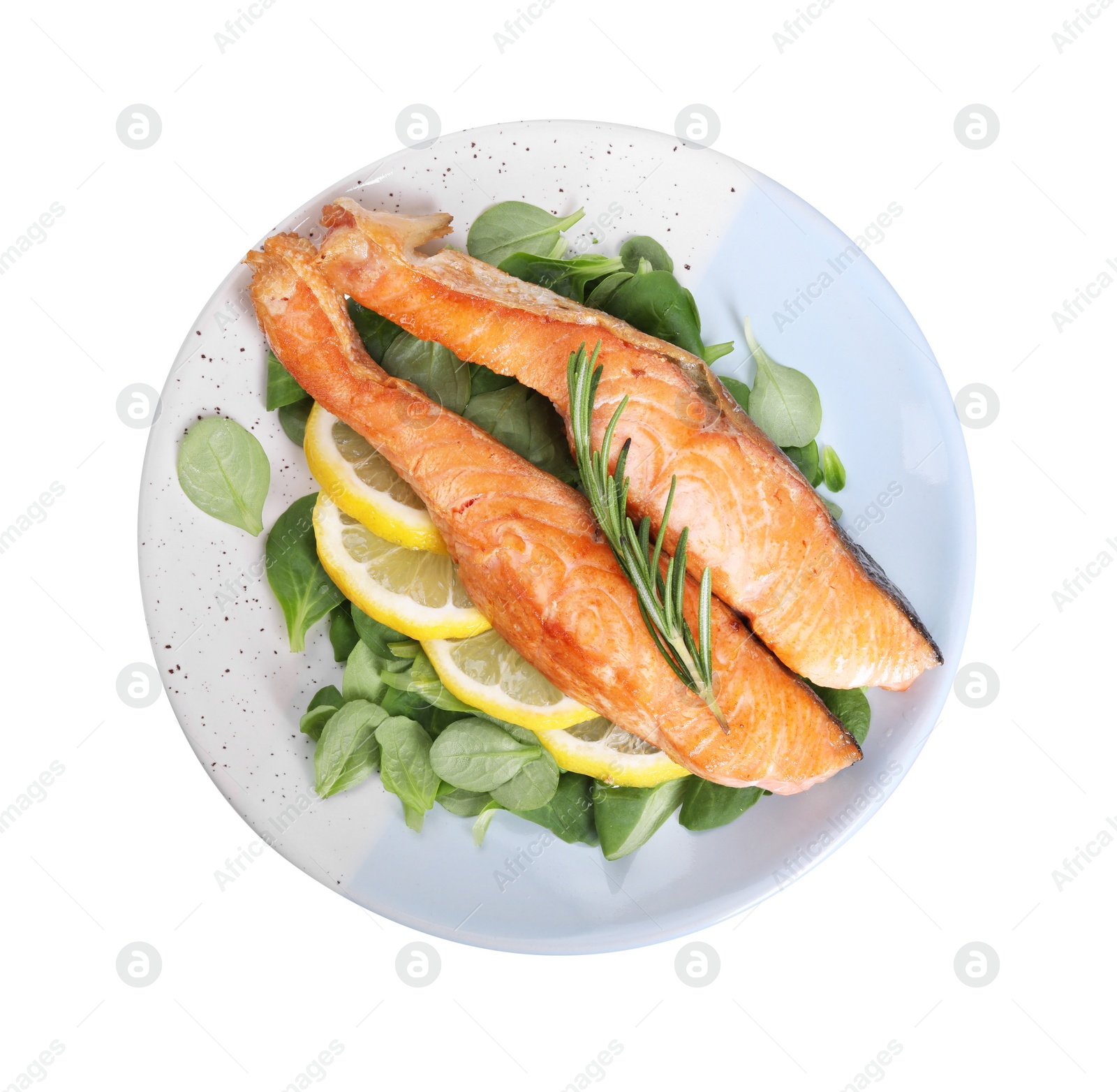 Photo of Healthy meal. Pieces of grilled salmon, spinach, rosemary and lemon isolated on white, top view