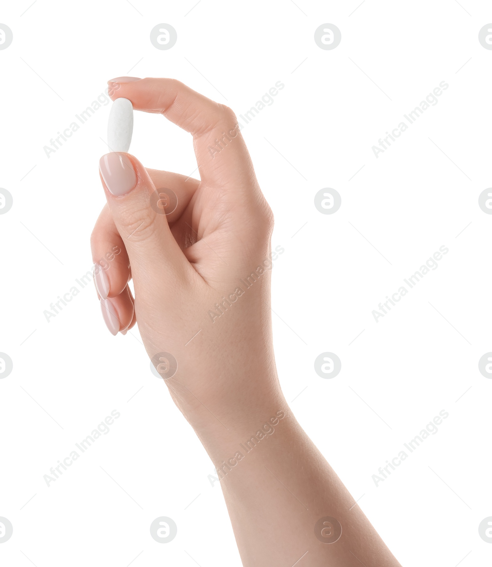 Photo of Woman holding vitamin pill on white background, closeup. Health supplement