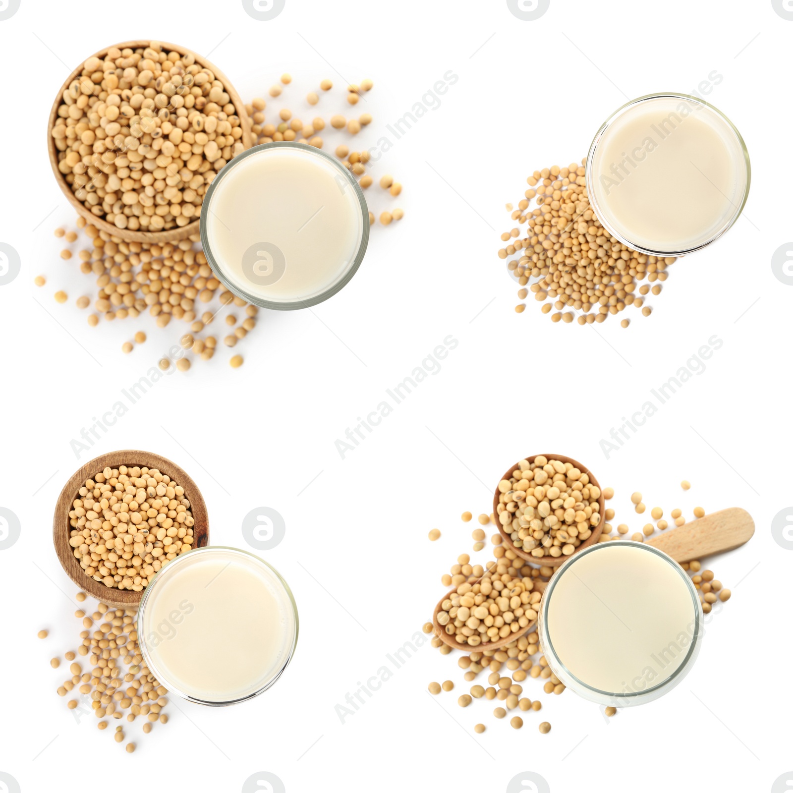 Image of Set with natural soy milk and beans on white background, top view