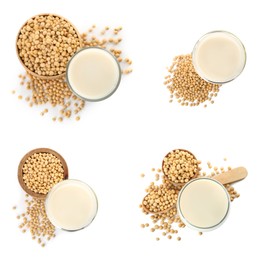 Set with natural soy milk and beans on white background, top view