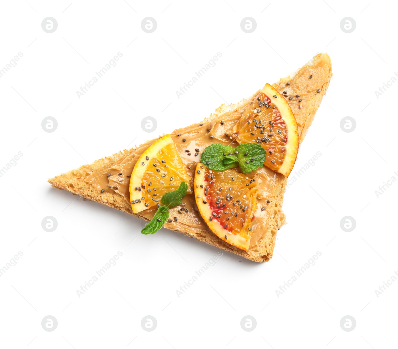 Photo of Tasty toast with orange, mint, peanut butter and chia seeds on white background, top view