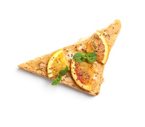 Photo of Tasty toast with orange, mint, peanut butter and chia seeds on white background, top view