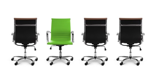 Vacant position. Green office chair among black ones on white background, banner design