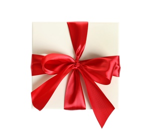 Photo of Gift box with ribbon on white background, top view