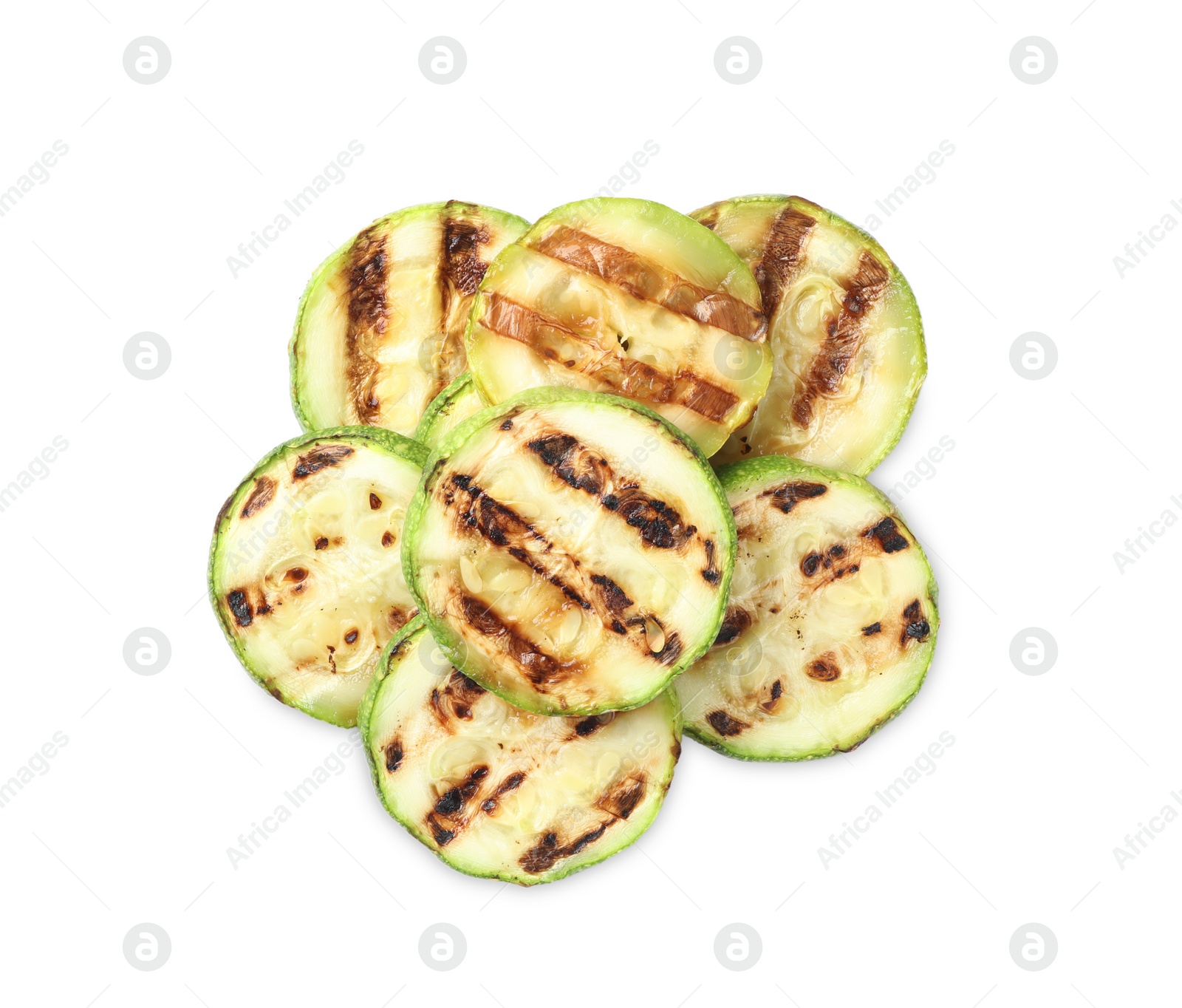 Photo of Delicious grilled zucchini slices on white background, top view