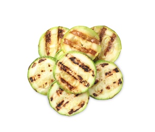 Photo of Delicious grilled zucchini slices on white background, top view