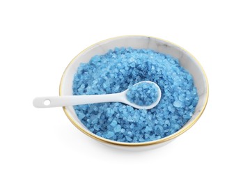 Photo of Bowl with blue sea salt isolated on white