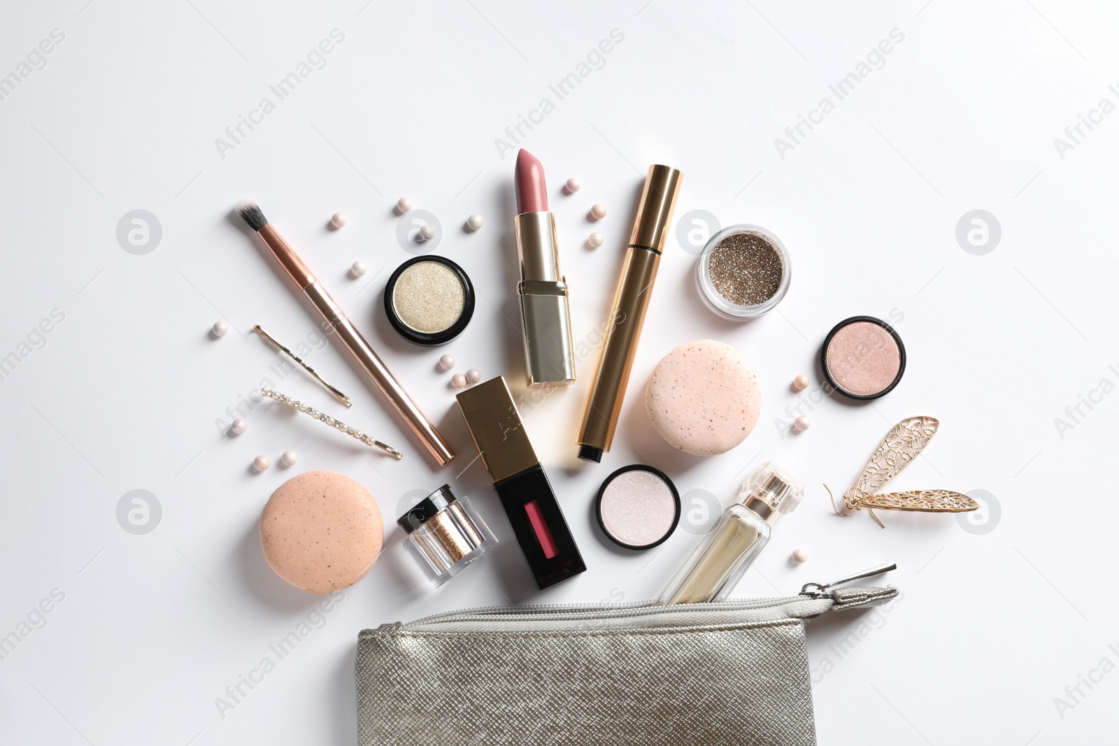 Photo of Set of luxury makeup products on white background, flat lay