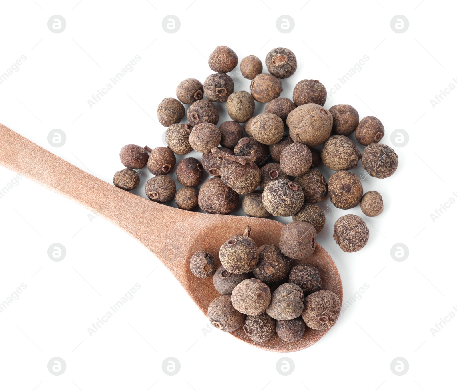 Photo of Spicy black pepper grains isolated on white, top view