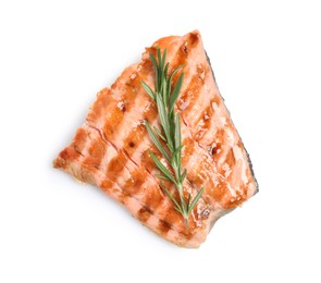 Tasty grilled salmon with rosemary on white background, top view