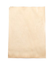 Photo of Sheet of old parchment paper isolated on white, top view. Space for design