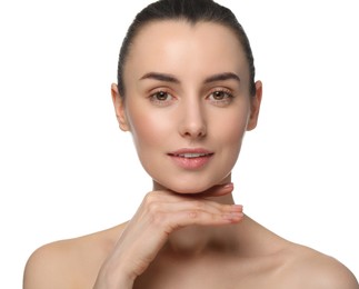 Portrait of beautiful young woman on white background