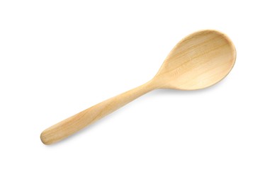 Photo of One empty wooden spoon isolated on white, top view