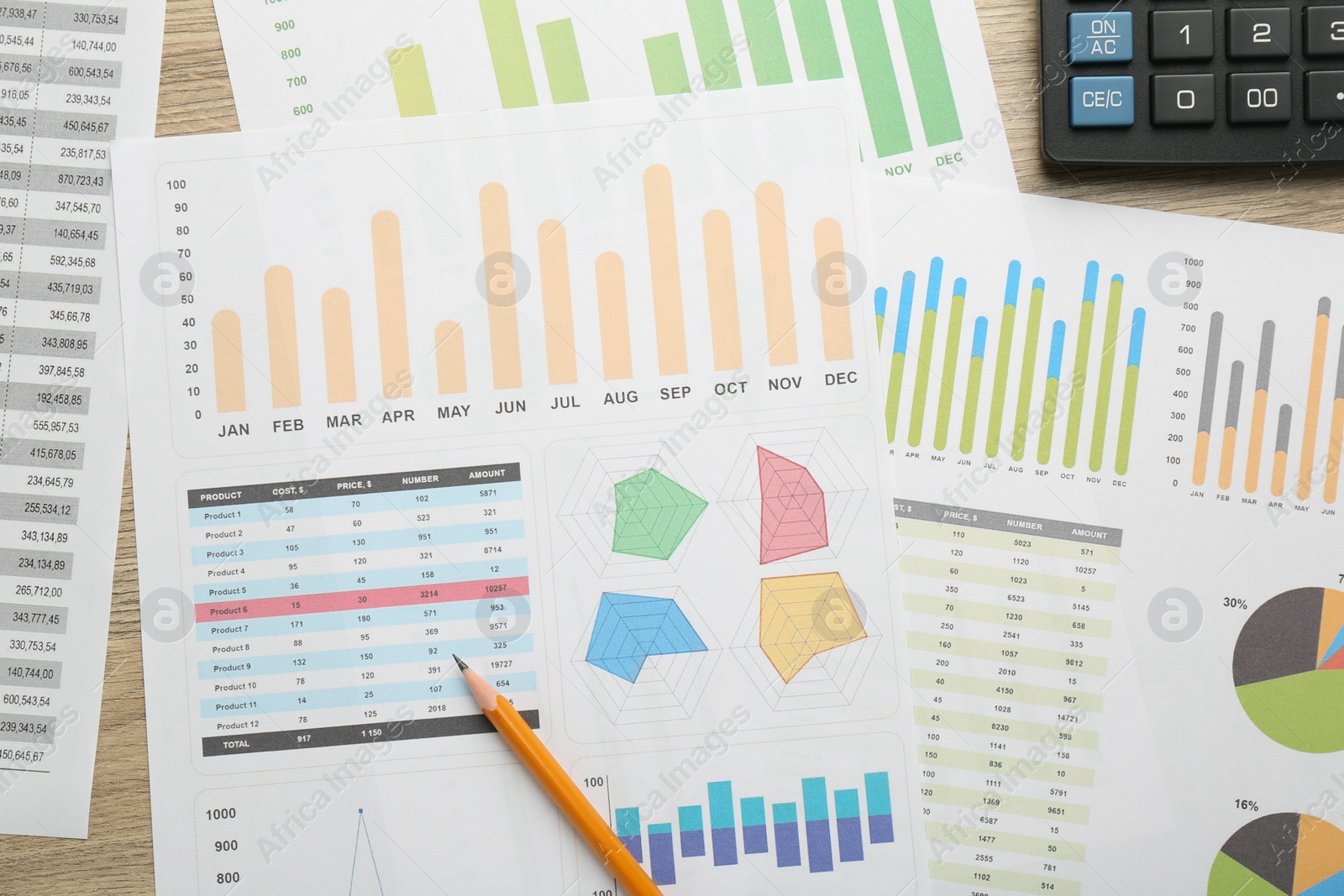 Photo of Accounting documents, calculator and pencil on table, flat lay