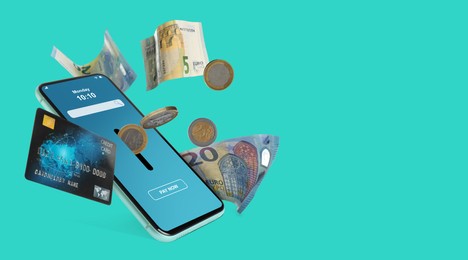 Online payment. Coins falling into slot in mobile phone, euro banknotes and credit card on turquoise background, space for text
